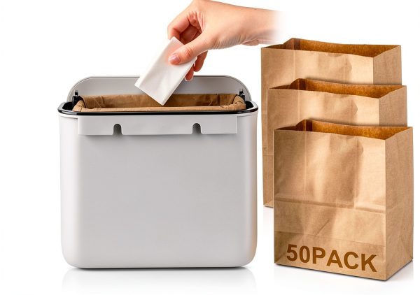 Tioncy 1 Pack Sanitary Napkin Disposal Receptacle with 50 Pcs Waxed Feminine Hygiene Bags Tampon and Pad Holder for Bathroom with Lid Kraft Paper Liner Bag Wall Hanging Trash Can Kitchen Compost Bin-0