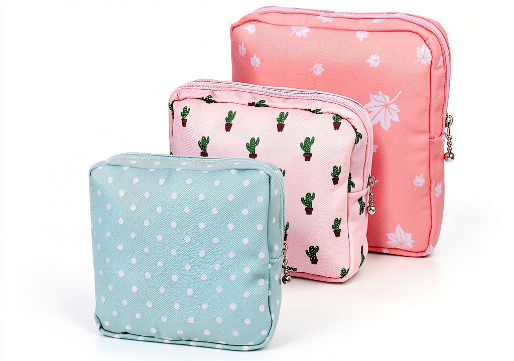 Unboxing and first‑use of LXUEJIE waterproof sanitary napkin storage bag on a wooden desk